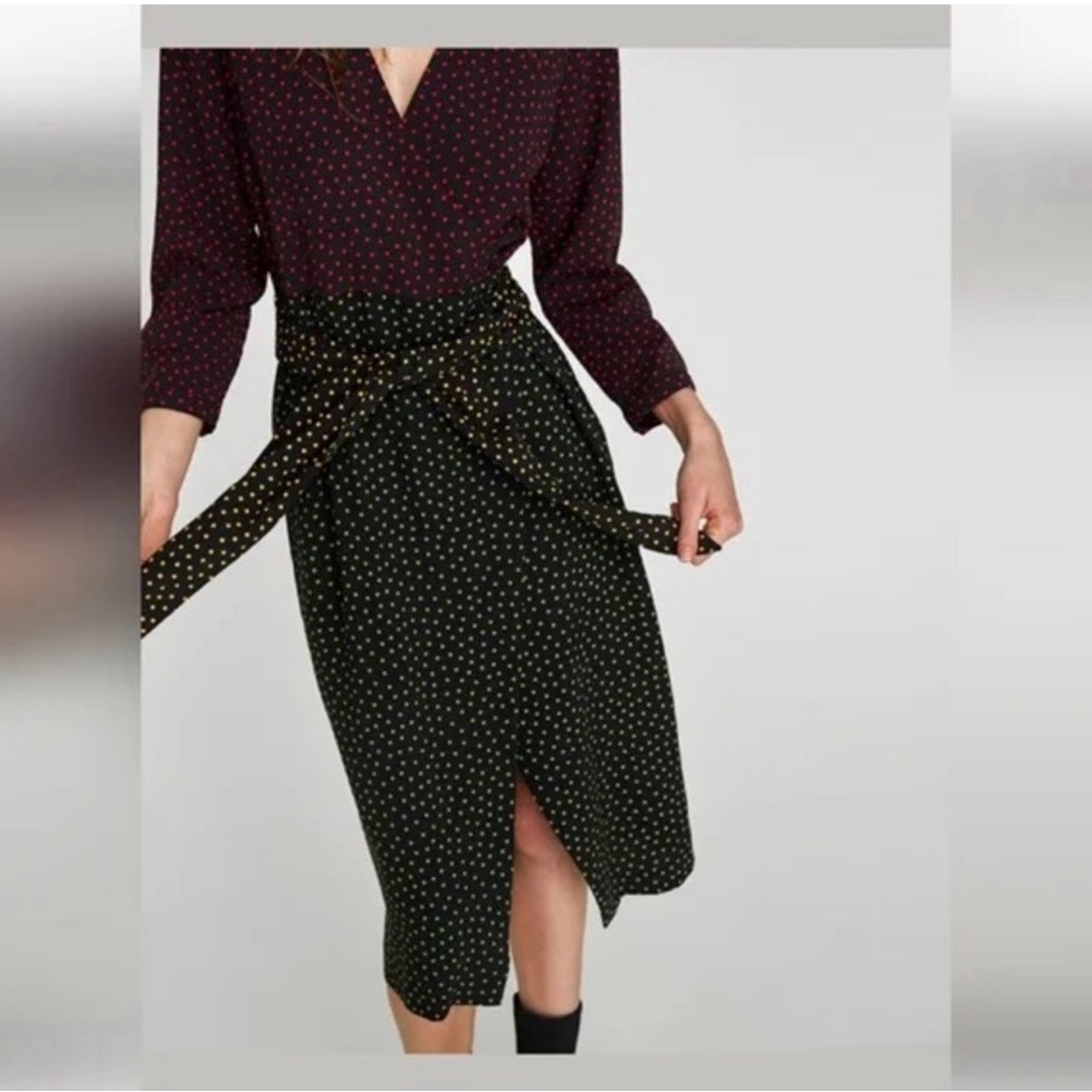 ZARA Polka Dot Belted Long Sleeve Wrap Midi Dress Size L - Picture 9 of 9
